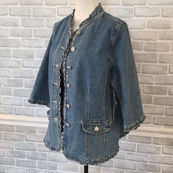 Christiana Zimm Denim Jean Jacket Ruffle Edge Feminine Plus 1X Western Chic - Picture 1 of 7
